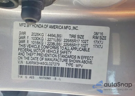 2016 Honda Cr-V Se z USA, uszkodzony, nr VIN 5J6RM3H45GL027279